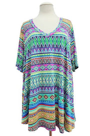 66 PSS {Always Happy} Blue/Multi-Color Geo Print V-Neck Tunic EXTENDED PLUS SIZE 3X 4X 5X