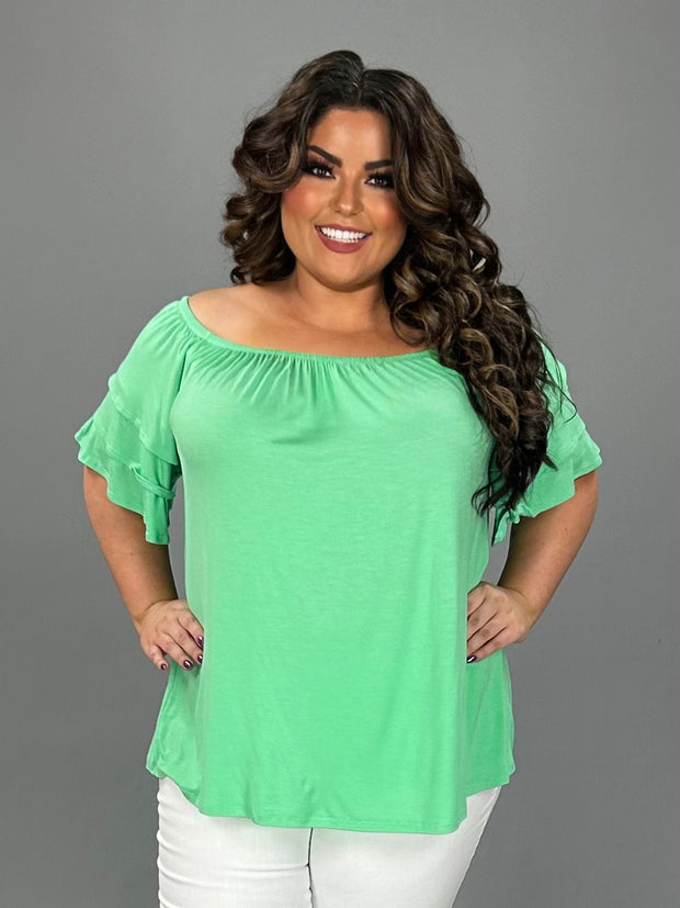 76 OS {Here For You} Mint Off Shoulder Ruffle Sleeve Top PLUS SIZE 1X 2X 3X