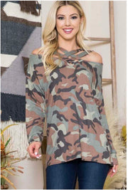 84  PLS-A {Across the Camo} Camo Top W/Criss-Cross Detail PLUS SIZE 1X 2X 3X