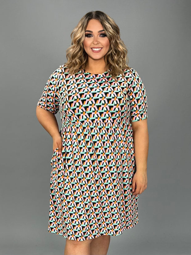 SALE!! 18 PSS-J {Follow My Lead} Aqua/Pink Geo Print Dress PLUS SIZE 1X 2X 3X