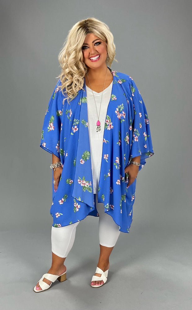 27 OT {Time To Bloom} Blue Floral Kimono EXTENDED PLUS SIZE 3X 4X 5X