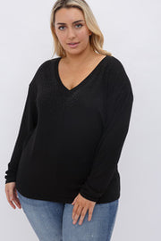 SALE!! 42 SD High Class Standards} VOCAL Black on Black Studded V-Neck Top PLUS SIZE 1X 2X 3X