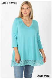 SALE!! SD-M (Just Amazing) Ash Mint V-Neck Tunic With Lace Hem PLUS SIZE 1X 2X 3X