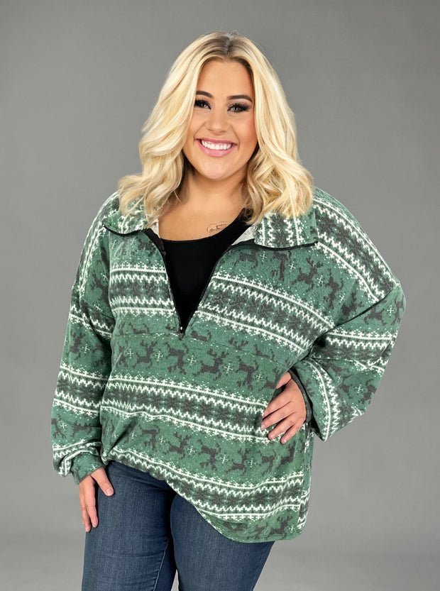 SALE! 63 PLS-Z {Remembered Past} Green Reindeer Print Top