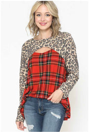 SALE!! 16 CP-F {Don't Doubt It} Red Plaid & Leopard Neck Detail Top  PLUS SIZE XL 2X 3X  4X 5X 6X