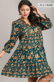 SALE!!  16 PQ {My Own Story} Umgee Teal Green Floral Tiered Dress PLUS SIZE XL 1X 2X