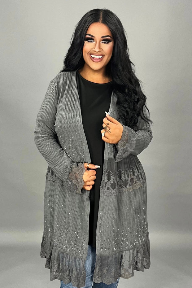 13 OT {Need You Back} VOCAL Charcoal Waffle Knit & Lace Cardigan PLUS SIZE XL 2X 3X