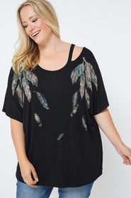 39 OS {Stick Together} VOCAL Black Cold Shoulder Feather Graphic Top PLUS SIZE XL 2X 3X