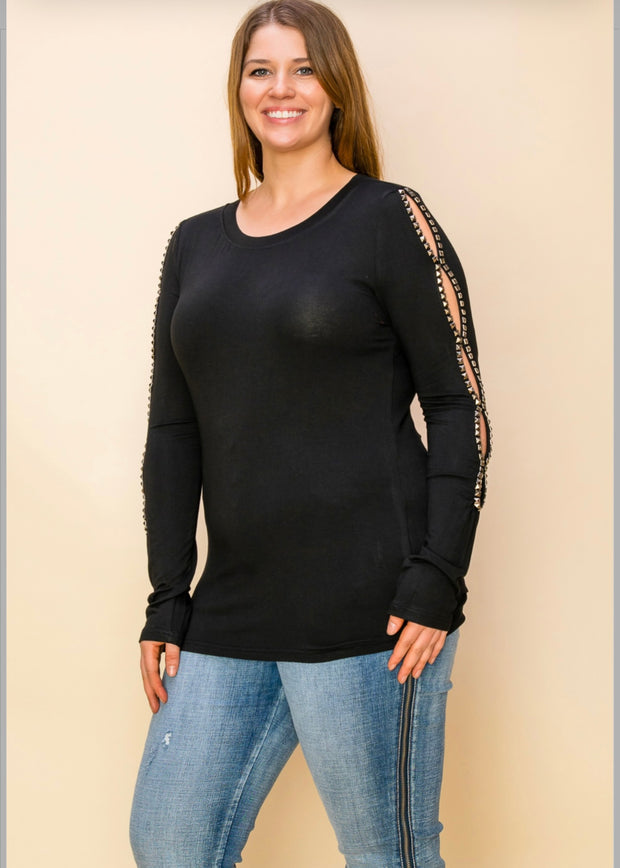 39 SD {Modern Muse} VOCAL Black Top w/Studded Sleeves PLUS SIZE XL 2X 3X