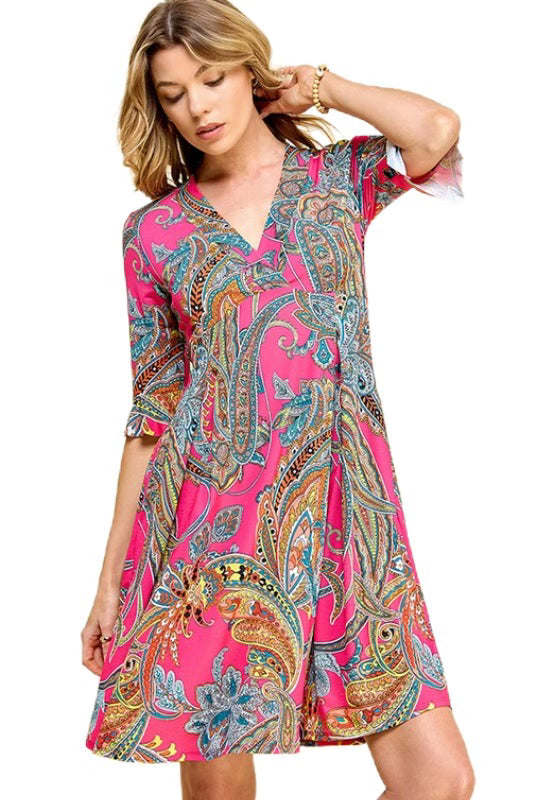 SALE!! 45 PSS-D {Life's A Dance} Fuchsia Paisley Printed Dress PLUS SIZE 1X 2X 3X