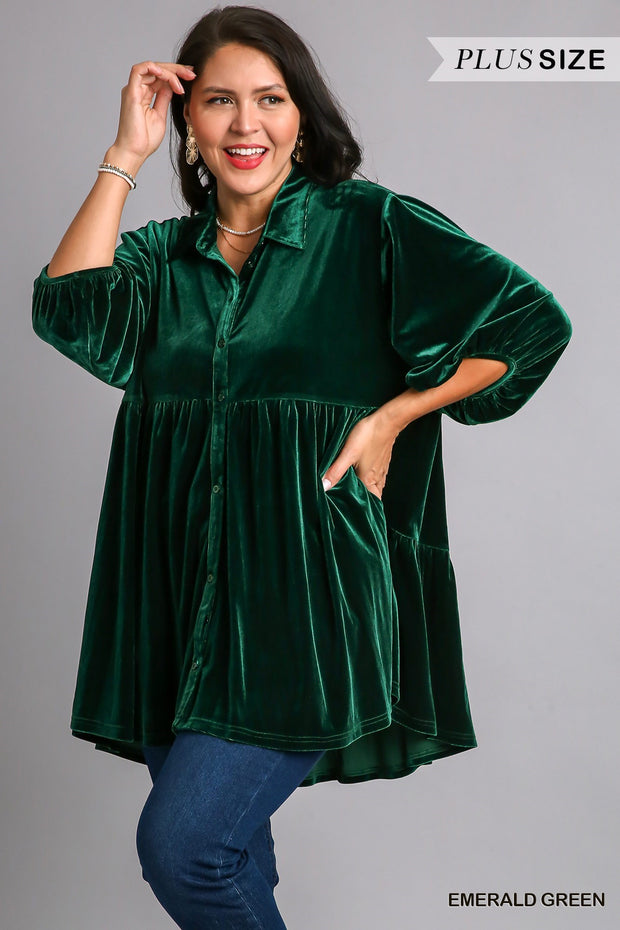 SALE! 13 SQ {Walking In A Dream} Umgee Emerald Green Velvet Top PLUS SIZE XL 1X 2X