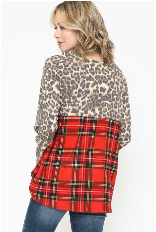 SALE!! 16 CP-F {Don't Doubt It} Red Plaid & Leopard Neck Detail Top  PLUS SIZE XL 2X 3X  4X 5X 6X