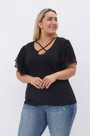 61 SD {Lucky Coincidences} VOCAL Black Cross Neck Top w/ Lace Sleeves PLUS SIZE XL 2X 3X