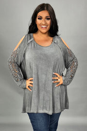 51 OS {Wit And Charm} Charcoal Cold Shoulder Top PLUS SIZE 1X 2X