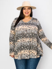 33 PLS {Alluring Invite} Grey/Taupe Leopard V-Neck Top EXTENDED PLUS SIZE 3X 4X 5X