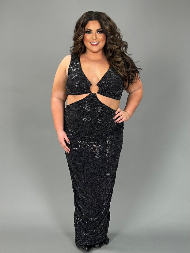 SALE!! LD-Q {Dreamy & Dazzling} Black Sequin O Ring Maxi Dress PLUS SIZE 1X 2X 3X