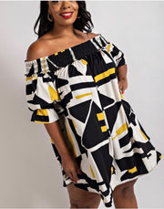 23 OS-S {Love Interest} Mustard Black Geo Print Dress PLUS SIZE XL 2X 3X