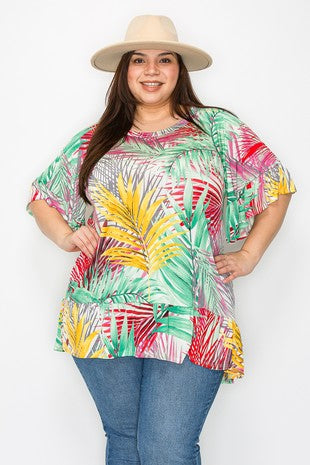 70 PSS {Heard It All} Green Leaf Print Top w/Ruffle Hem PLUS SIZE 1X 2X 3X  (True To Size}