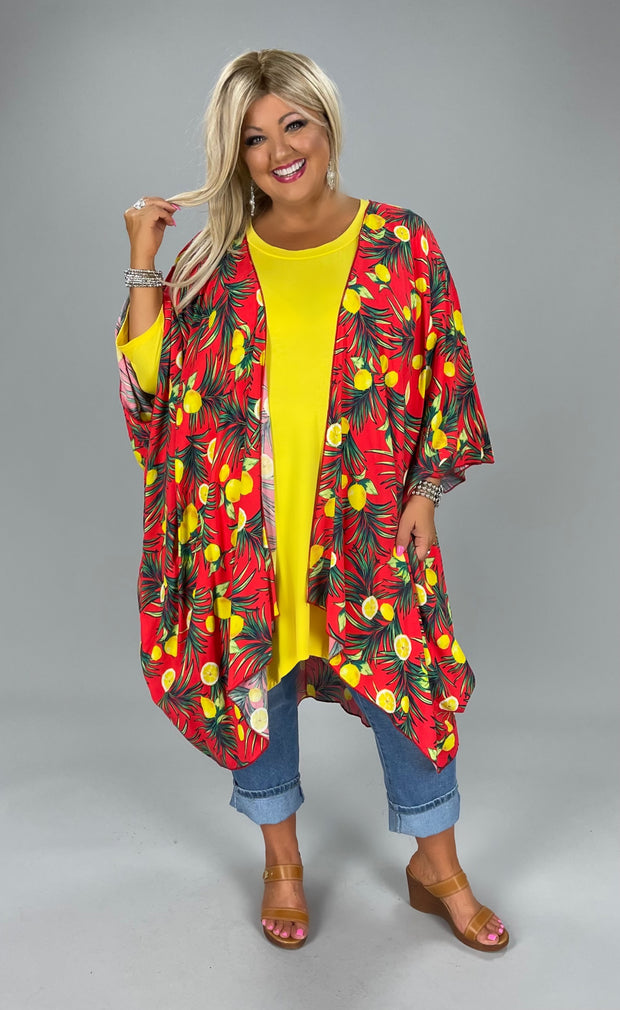 60 OT {Lemon Life} Red Lemon Print Kimono EXTENDED PLUS SIZE 3X 4X 5X