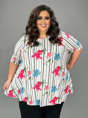 29 PSS {Iris On The Line} Ivory/Black Stripe Floral Print Top EXTENDED PLUS SIZE 4X 5X 6X