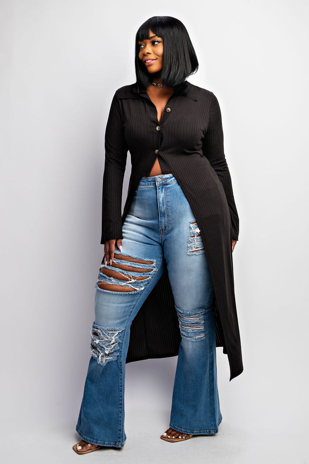 LD-J {Moment To Admire} Black Ribbed Long Cardigan PLUS SIZE 1X 2X 3X