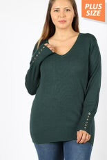 55  SLS {Deep Thinker} Hunter Green V-Neck Top w Sleeve Button Detail PLUS SIZE 1X 2X 3X