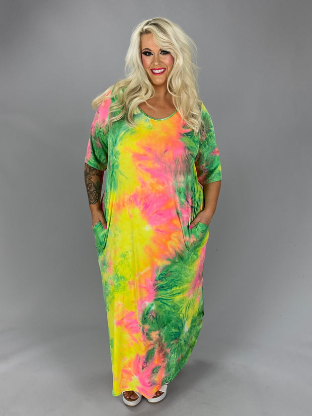 LD-S {In My Element} Yellow/Green Tie Dye Maxi Dress CURVY BRAND!!! EXTENDED PLUS SIZE XL 2X 3X 4X 5X 6X