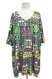 88 PSS {Leave It To Me} Green Patchwork Print V-Neck Top EXTENDED PLUS SIZE 4X 5X 6X