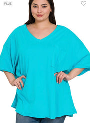 27 SSS  {Happy As Can Be} Ice Blue V-Neck Top w/Pocket PLUS SIZE 1X 2X 3X