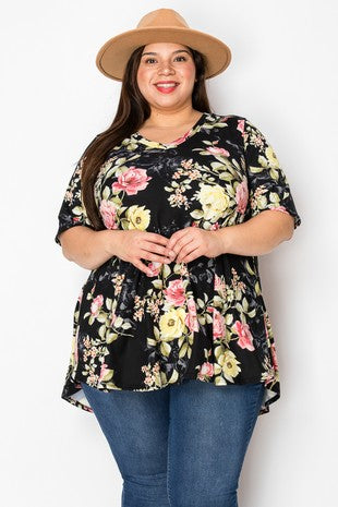 34 PSS {May I Have Your Attention} Black Floral V-Neck Tunic EXTENDED PLUS SIZE 3X 4X 5X