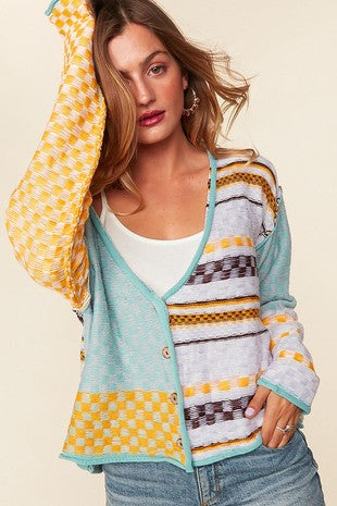 67 OT {My Cozy Life} Mint/Yellow Oversized Button Up Cardigan PLUS SIZE XL 2X 3X