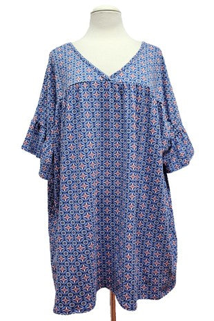 23 PSS {Pretty As A Picture} Blue Floral V-Neck Tunic EXTENDED PLUS SIZE 4X 5X 6X