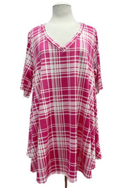 58 PSS {Song In My Heart} Fuchsia Plaid V-Neck Top EXTENDED PLUS SIZE 3X 4X 5X