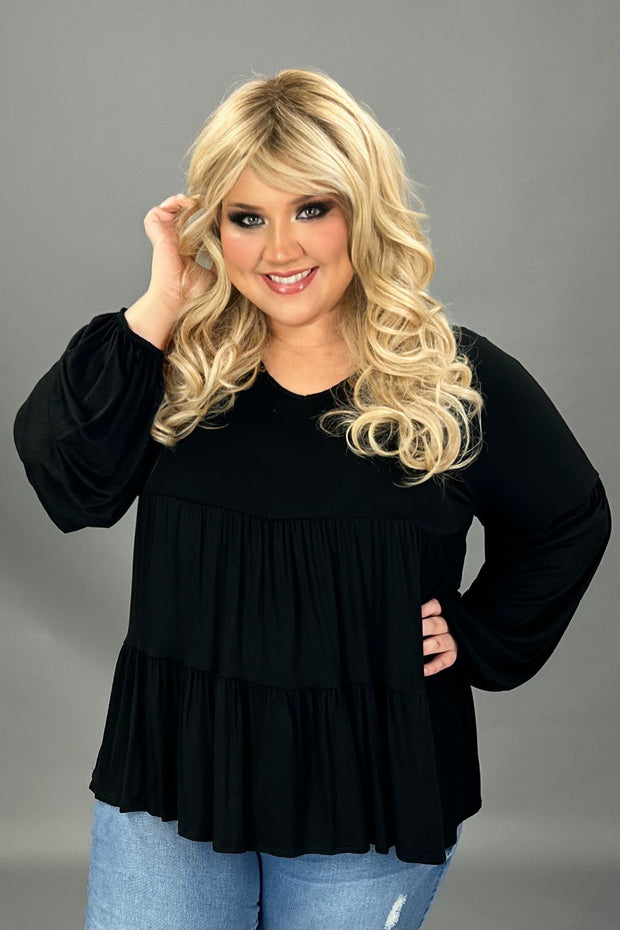 78 SLS-C {Here It Is} Black V-Neck Tiered Top PLUS SIZE 1X 2X 3X