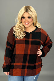 35 PLS-G {True Delight} Rust/Black Plaid Top PLUS SIZE 2X 3X 4X