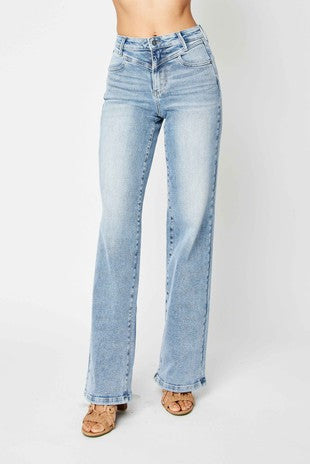 BT-U {Judy Blue Retro}   Med Blue Front Yoke Wide Leg Jeans EXTENDED PLUS SZISE 20W 22W 24W