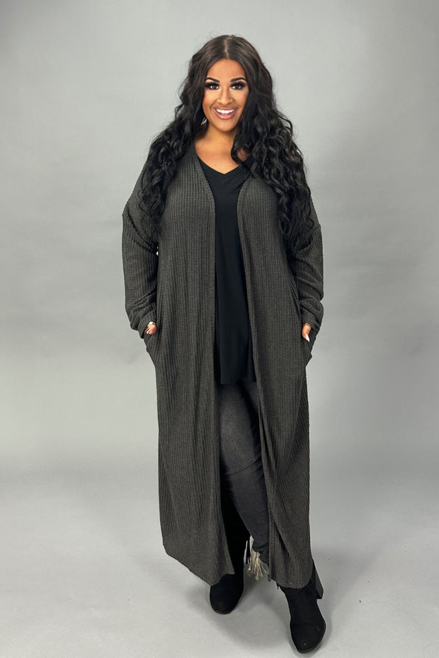 LD-Y   {Know Your Worth} Charcoal Gray Waffle Cardigan PLUS SIZE M 1X 2X 3X