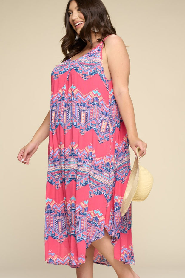 LD-E {Focus On Fun} Fuchsia Zig Zag Print Midi Sundress PLUS SIZE 1X 2X 3X