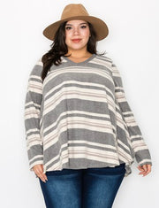 39 PLS [Between The Lines} Grey/Ivory Stripe Print V-Neck Top  PLUS SIZE XL