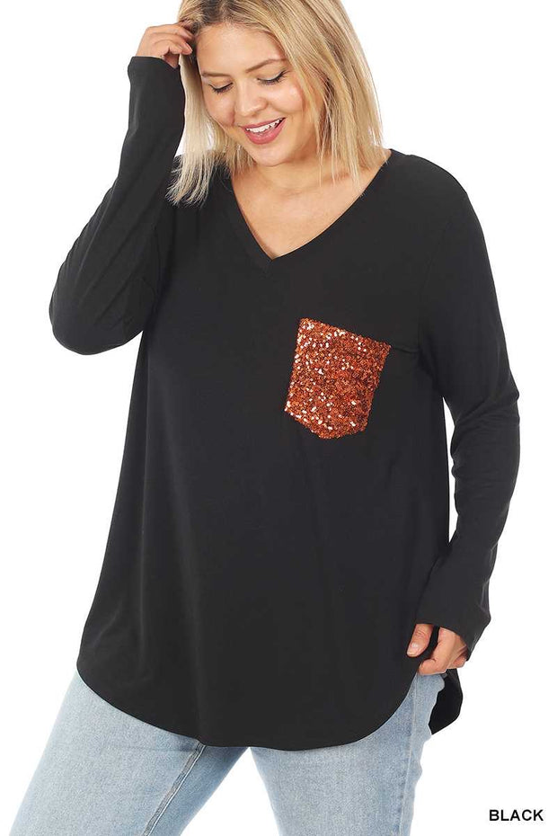 SALE!! 91 SD {Perfect Vision} Black V-Neck Top w/Sequin Pocket PLUS SIZE 1X 2X 3X