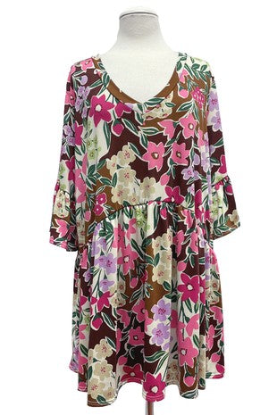 99 PSS {Enchanting Evenings} Brown/Pink Floral V-Neck Babydoll Top EXTENDED PLUS 3X 4X 5X