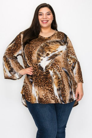 45 PQ {Temporary Escape} Brown Animal Print V-Neck Top EXTENDED PLUS SIZE 3X 4X 5X