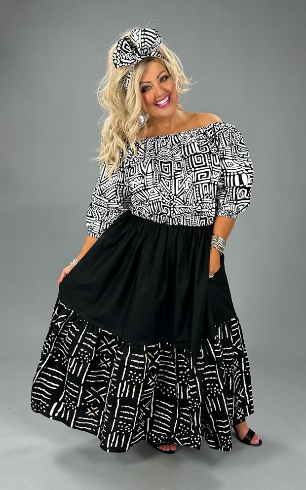 SALE!! LD-E {Perfect Moment} Black/White African Print Patchwork Dress PLUS SIZE XL