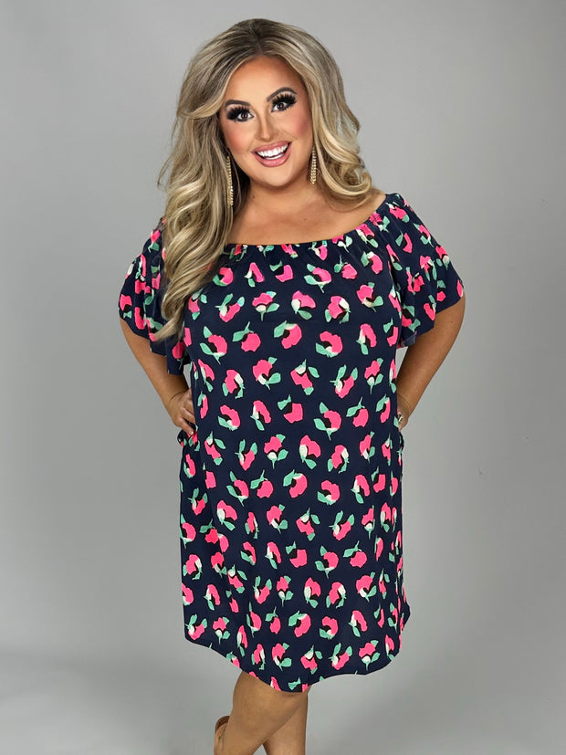 SALE!! 37 OS-A {Always On My Mind} Navy Floral Off Shoulder Dress PLUS SIZE 1X 2X 3X