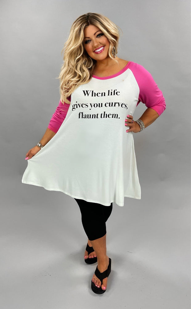 SALE!! 27 GT-D {Flaunt Curves} Pink & Ivory Flaunt Your Curves Graphic Tee CURVY BRAND EXTENDED PLUS SIZE 1X 2X 3X 4X 5X 6X  (May Size Down 1 Size)