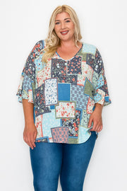 18 PLS {Touch Of Home} Blue Mixed Print Patchwork Top CURVY BRAND!!! EXTENDED PLUS SIZE 4X 5X 6X