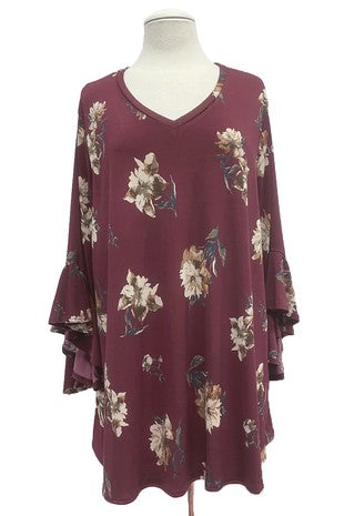 50 PQ { Beneath the Moon & Stars} Wine   Floral  V-Neck Top EXTENDED PLUS SIZE 4X 5X 6X