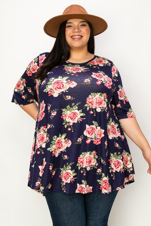 61 PSS {Sweet Dreams} Navy Rose Print Tunic EXTENDED PLUS SIZE 4X 5X 6X