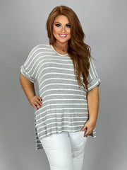 SALE!! 63 PSS-D {Good Energy}  Gray Striped Top Cuffed Sleeves PLUS SIZE XL 2X 3X