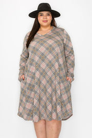 24 PLS {New Found Strength} Mocha Plaid V-Neck Dress EXTENDED PLUS SIZE 4X 5X 6X